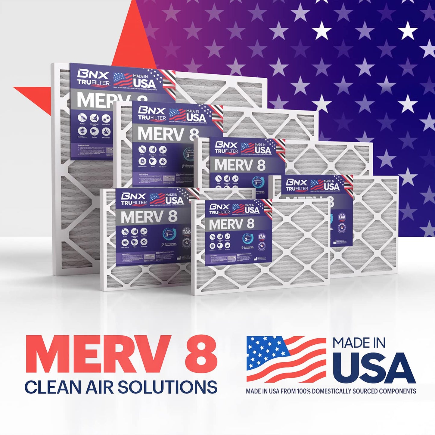 BNX TruFilter 20x20x1 Air Filter MERV 8 (6-Pack) - MADE IN USA – Dust & Pet Defense Electrostatic Pleated Air Conditioner HVAC AC Furnace Filters for Dust, Pet, Mold, Pollen MPR 600 – 700 & FPR 5