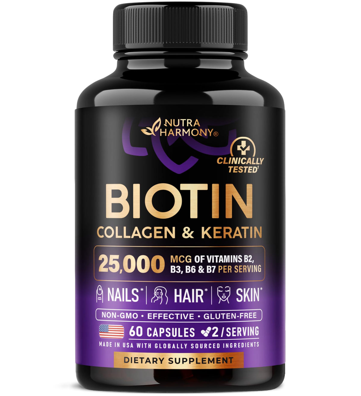 Biotin | Collagen | Keratin - Clinically Tested Supplement - Hair Growth Support, Skin & Nails - 25000 mcg Vitamins B2, B3, B6 & B7 + B1 & Hyaluronic Acid - Made in USA - Women & Men | 60 Capsules