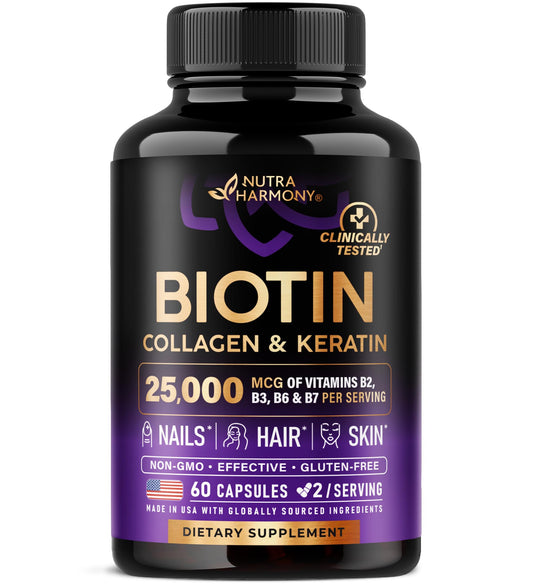 Biotin | Collagen | Keratin - Clinically Tested Supplement - Hair Growth Support, Skin & Nails - 25000 mcg Vitamins B2, B3, B6 & B7 + B1 & Hyaluronic Acid - Made in USA - Women & Men | 60 Capsules