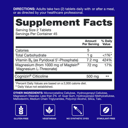 Qunol Brain Health Memory Plus with B6, Magnesium L-Threonate & Citicoline, Clinically Tested Ingredients to Improve Memory, Focus, Attention and Productivity, 90 Count