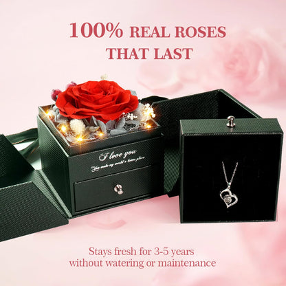 cdco Preserved Real Roses with Heart Necklace I Love You in 100 Languages, Romantic Anniversary Christmas Gifts for Wife Girlfriend, Forever Roses Necklace Gifts