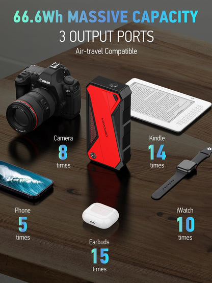 DBPOWER Peak 2000A 18000mAh Portable Car Jump Starter (up to 7.2L Gas, 5.5L Diesel Engine) Battery Booster with Smart Charging Port, Compass, LCD Screen and LED Light (Black/Red)