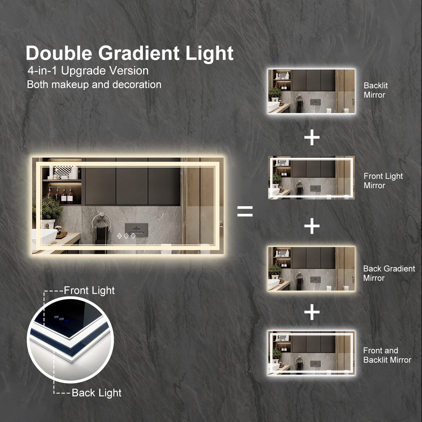 VanPokins Backlit Bathroom Mirror, 55x30 Inch Gradient Front and Backlit Mirror, 3 Colors Dimmable CRI>90 Double Lights, IP54 Enhanced Anti-Fog, Hanging Plates Wall Mount LED Bathroom Mirror