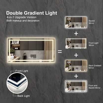 VanPokins Backlit Bathroom Mirror, 55x30 Inch Gradient Front and Backlit Mirror, 3 Colors Dimmable CRI>90 Double Lights, IP54 Enhanced Anti-Fog, Hanging Plates Wall Mount LED Bathroom Mirror