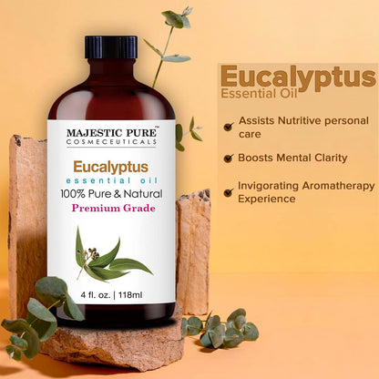 MAJESTIC PURE Eucalyptus Essential Oil | 100% Pure and Natural Eucalyptus Oil | Premium Grade Essential Oils for Hair Care, Home Diffusers, Skin, Aromatherapy, Massage and Humidifiers | 4 Fl Oz