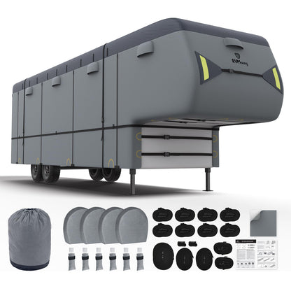 RVMasking 5th Wheel RV Cover, 37'1"-40' Heavy Duty 7 Layers Top Fifth Wheel Cover with 4 Tire Covers, Windproof Rip-Stop Anti-UV Trailer Cover, Dark Gray