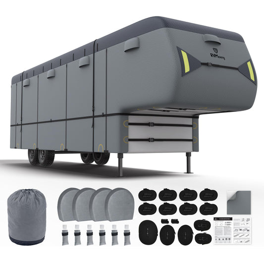 RVMasking 5th Wheel RV Cover, 37'1"-40' Heavy Duty 7 Layers Top Fifth Wheel Cover with 4 Tire Covers, Windproof Rip-Stop Anti-UV Trailer Cover, Dark Gray