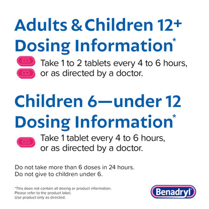 Benadryl Ultratabs Allergy Medicine, 25 mg Diphenhydramine HCl Antihistamine Tablets For Cold & Allergy Relief of Symptoms Like Sneezing, Runny Nose, Itchy Eyes & Throat, Hay Fever, 100 Count Tablets