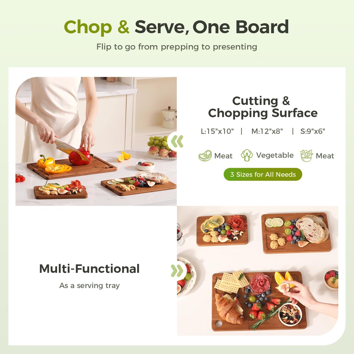 BNBUN Bamboo Cutting Board for Kitchen, Wooden Cutting Board 3-Piece Set with Non-Slip Mat Deep Juice Groove and Built-In Handles, Wood Cutting Board for Meat Vegetables Fruit Ideal Gift for the Home