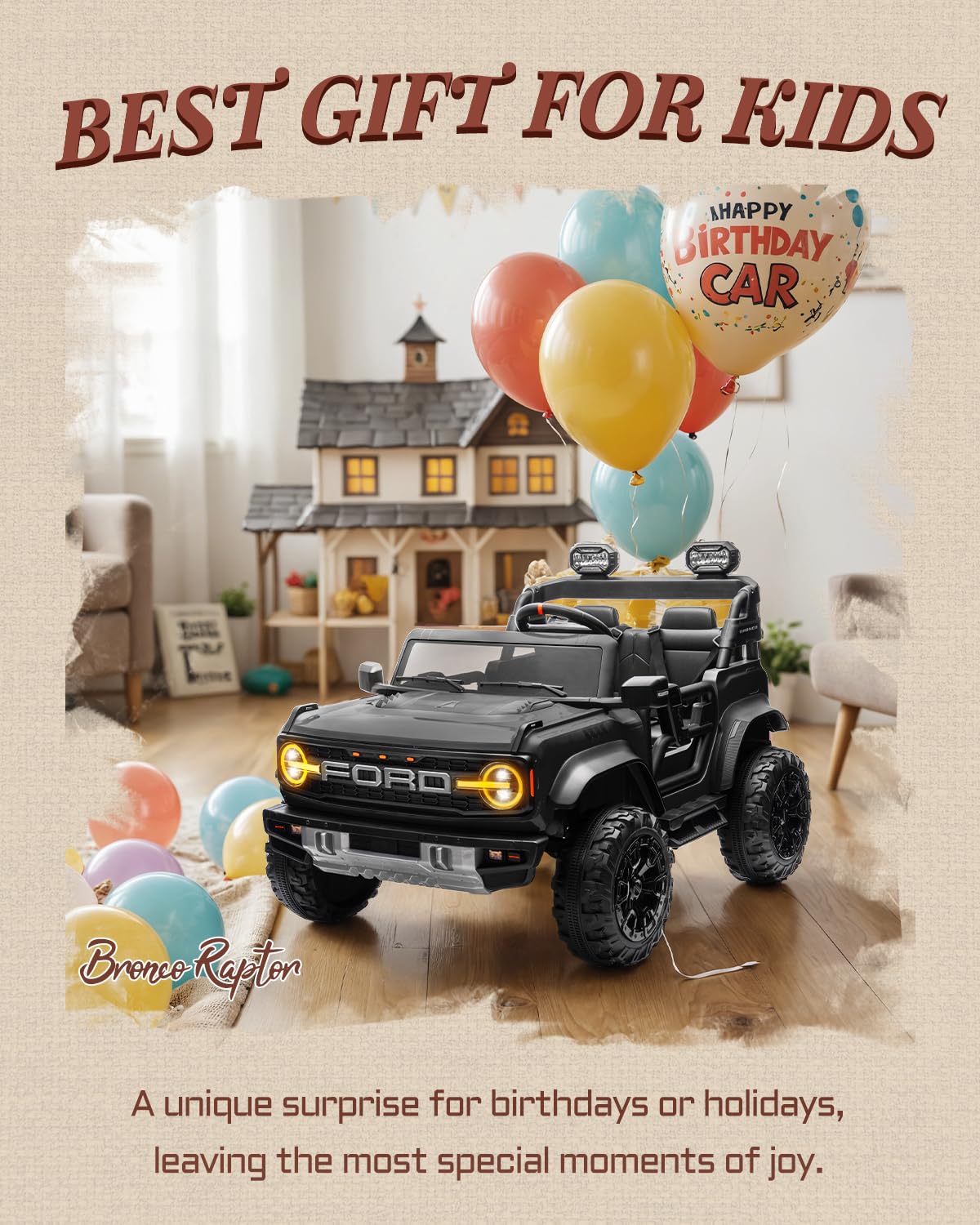 First Ride On 24V Ride on Toys for Big Kids, Licensed Ford Bronco Raptor Electric Car 2 Seater with Remote Control, Kids Ride on Cars w/ 2-Seater, 4.3 Mph Max Speed, Soft Start Function (24V, Black)