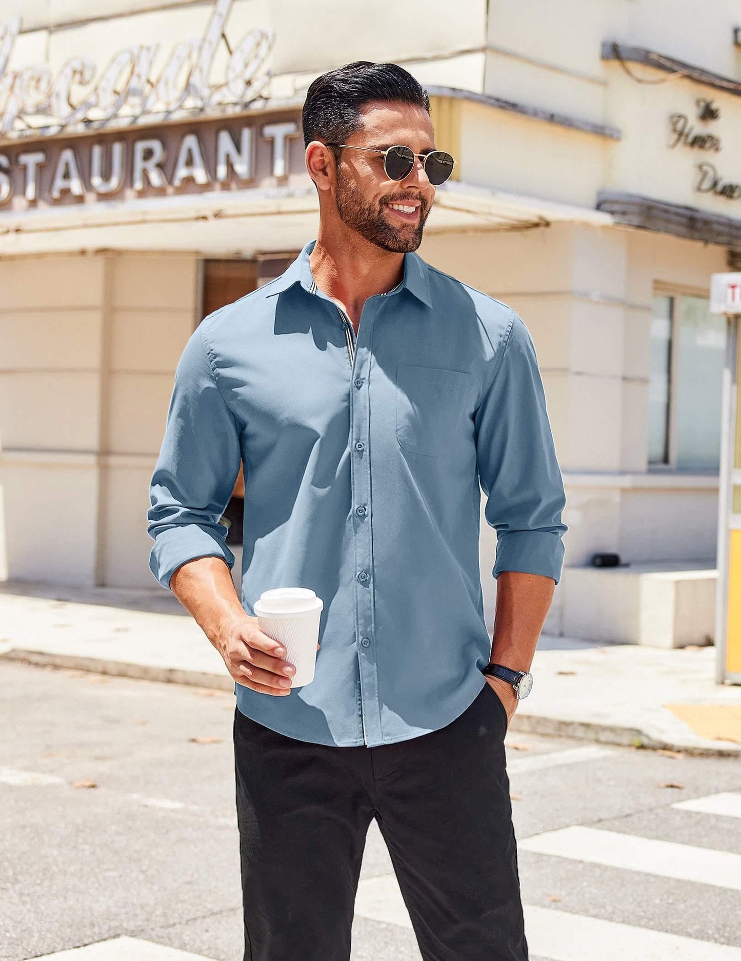 COOFANDY Mens Casual Button Down Shirt Long Sleeve Untucked Dress Shirt with Pocket Grey Blue