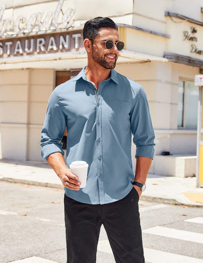 COOFANDY Mens Casual Button Down Shirt Long Sleeve Untucked Dress Shirt with Pocket Grey Blue
