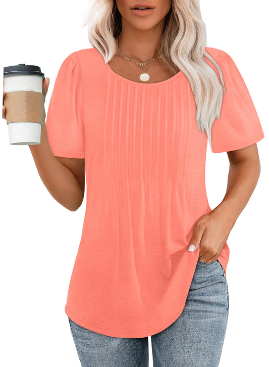 Summer Tops for Women Puff Short Sleeve Loose Fit Scooped Neck T Shirts Beach Fashion Coral M