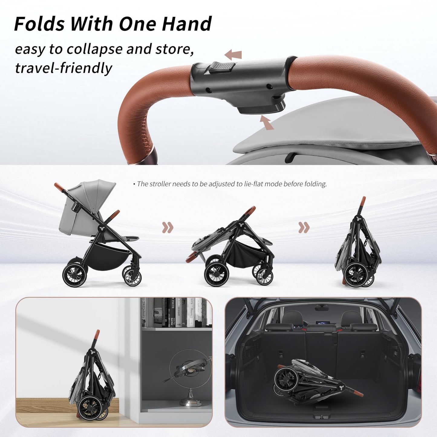 Tinyiota Baby Stroller, Infant Stroller with Large UPF 50+ Canopy,Luxury Pram Strollers with Leather Handle & Spacious Seat, One-Hand Foldable Pushchair, Toddler Carriage with Lie-Flat Mode(Gray)