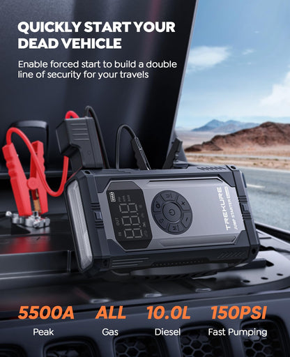 TREKURE 8-in-1 Jump Starter with Air Compressor 5500A 150PSI Portable Car Battery Jump Starter (All Gas/10L Diesel), 12V Jump Box Car Battery Jumper Starter Portable with Jumper Cables, Lights