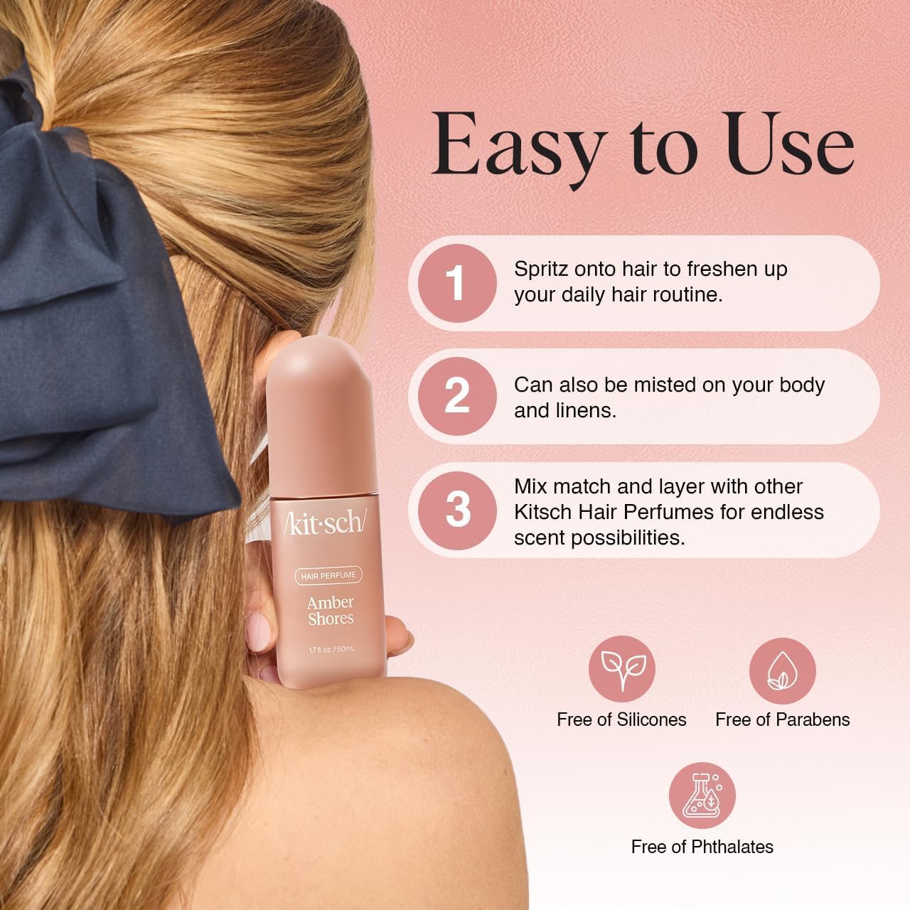 Kitsch Hair Perfume for Women - Amber Shores | Clean, Deodorizing & Patented Odor-Eliminating Technology Hair Spray & Body Mist - Freshen Hair, Body & Pillows - Woody Aquatic Scent - 50mL