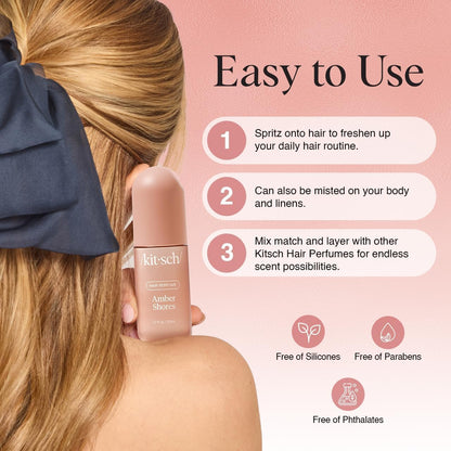 Kitsch Hair Perfume for Women - Amber Shores | Clean, Deodorizing & Patented Odor-Eliminating Technology Hair Spray & Body Mist - Freshen Hair, Body & Pillows - Woody Aquatic Scent - 50mL