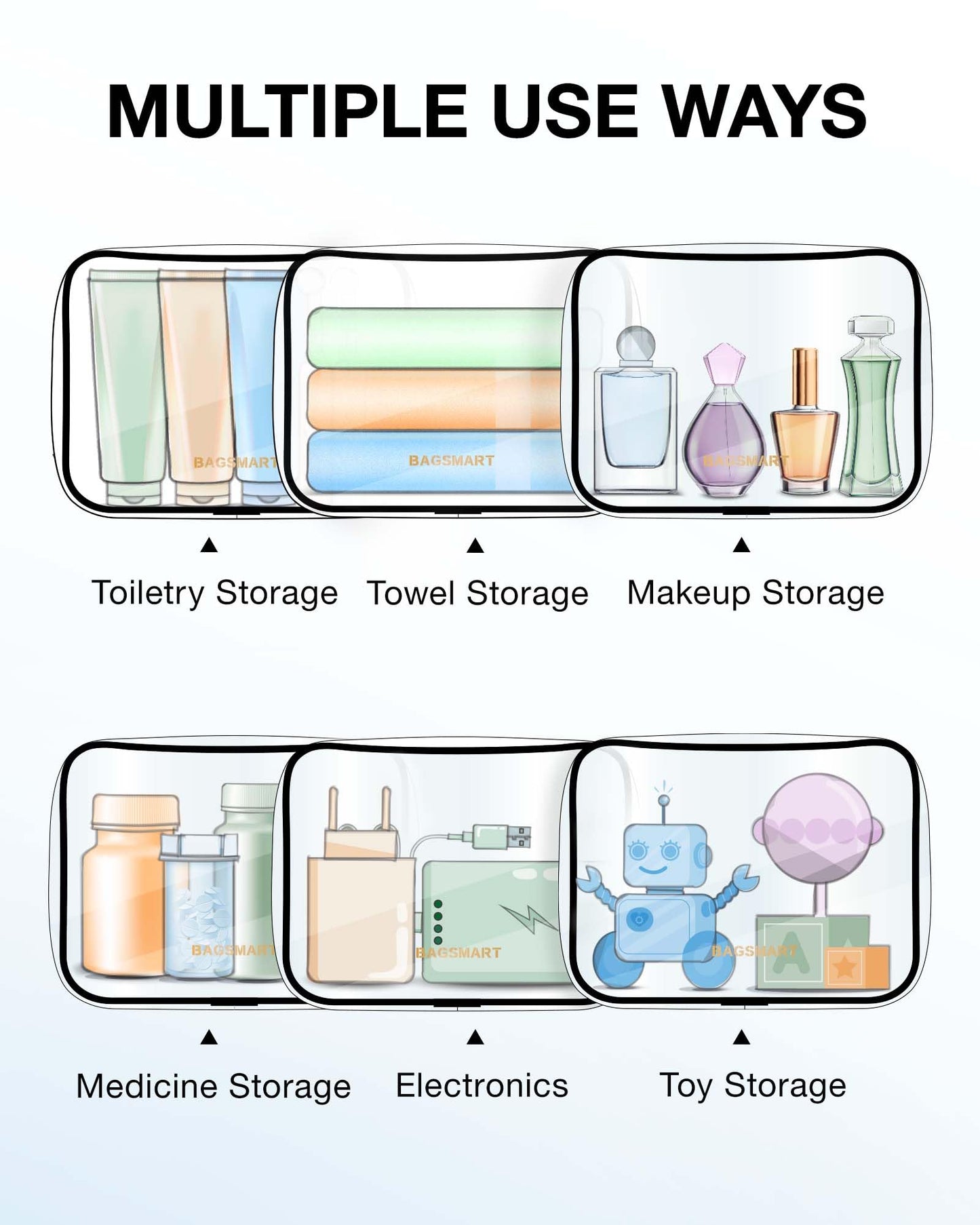 BAGSMART Clear Toiletry Bag, 2 Packs TSA Approved Water Resistant Quart Size Travel Organizer, 2 Sizes Airport Airline Travel Essential Carry On Makeup Cosmetic Bags for Women, Black