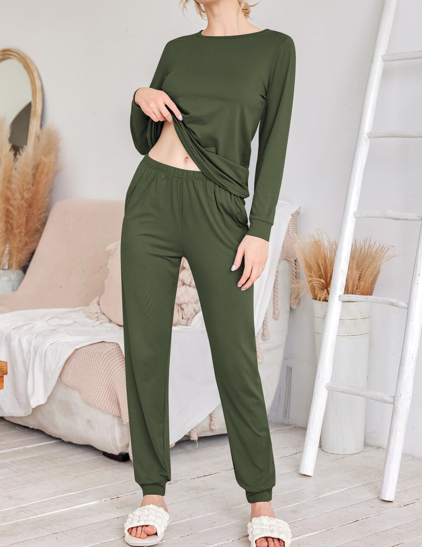 Ekouaer 2 Pack Women's Pajama Set Long Sleeve Top with Jogger Pants Lounge Sets Sleepwear Loungewear with Pockets Army Green&Grey Stripes X-Large