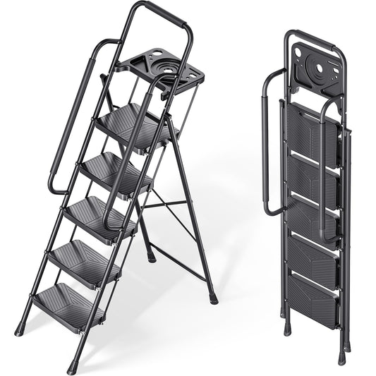 KINGRACK Folding 5 Step Ladder, Portable Ladder for Multi-Purpose, Home, Kitchen, Heavy Sturdy Steel Step Stool with Anti-Slip Wide Pedals, Handrail, Safe-Lock Design, Pass 500lbs Load Testing, Black