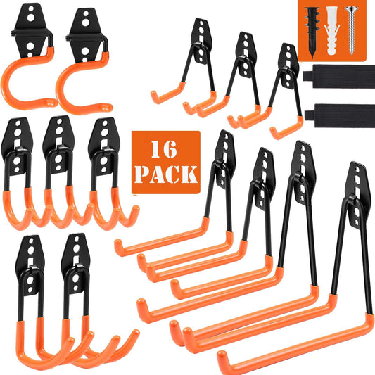 Dorisy Upgraded 16 Packs Double Heavy Duty Wall Mount Garage Organization & Hanger for Organizing Power Tools, Ladders, Bulk Items and More Equipment (Orange)
