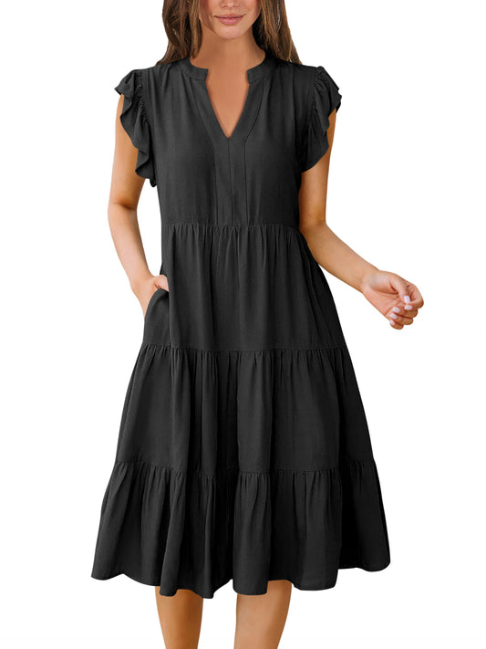 ANRABESS Womens Summer Dress Ruffle Sleeve V Neck Midi Dresses Fashion Casual Fit Flowy Tiered Boho Beach Vacation Sundress Black-L