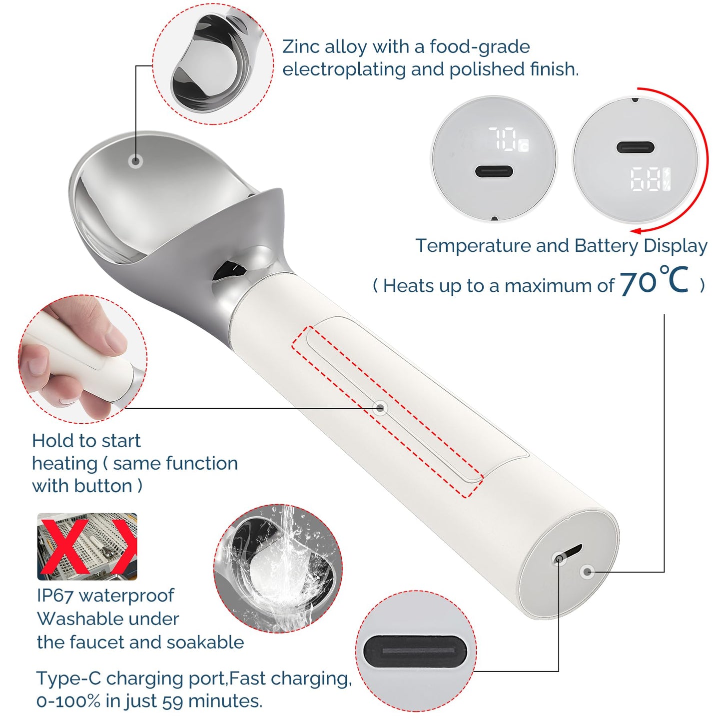 Heated Ice Cream Scoop Rechargeable, Electric Warming Ice Cream Scooper with LED Display, Heats to 158°F for Hard Ice Cream, Easy for Seniors & Kids, IP67 Waterproof (White, 2 oz)