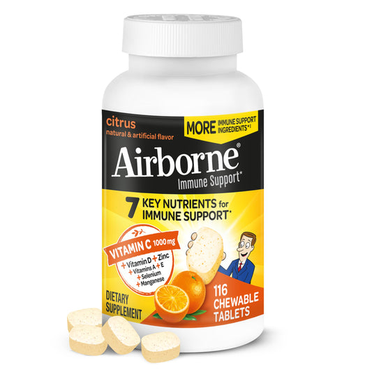 Airborne Vitamin C 1000mg (per Serving) - Citrus Chewable Tablets (116 Count in a Bottle), Gluten-Free Immune Support Supplement, with Vitamins A C E, Zinc, Selenium, Echinacea, Ginger, Antioxidants