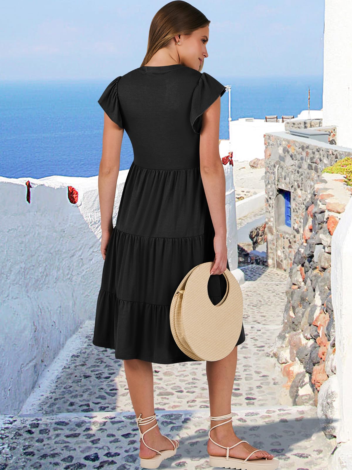 ANRABESS Womens Summer Dress Ruffle Sleeve V Neck Midi Dresses Fashion Casual Fit Flowy Tiered Boho Beach Vacation Sundress Black-L