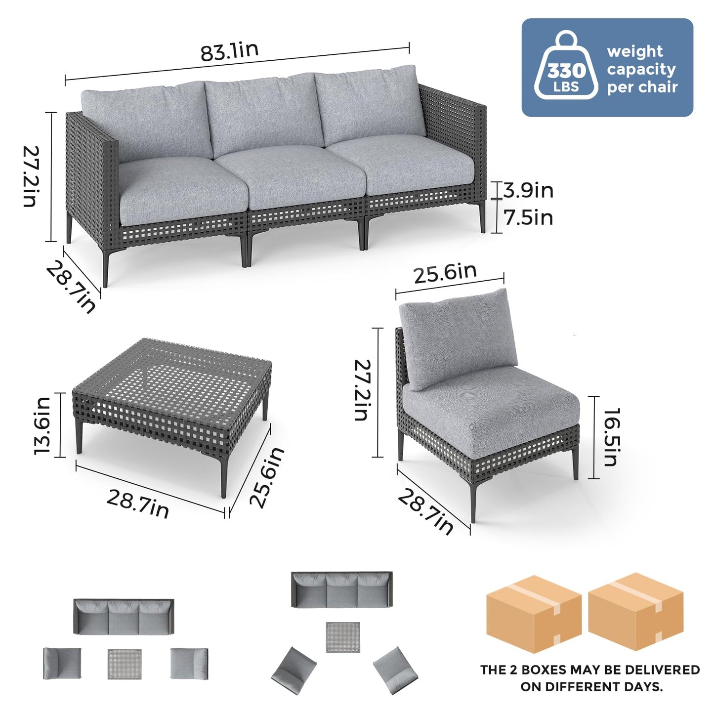 Jocoevol Outdoor Patio Sofa Conversation Set–Rattan 5 Seats Comfortable Couch for Garden, Yard, Weatherproof–Includes Glass Table, Armless Chairs, and Three-Seater Sofa