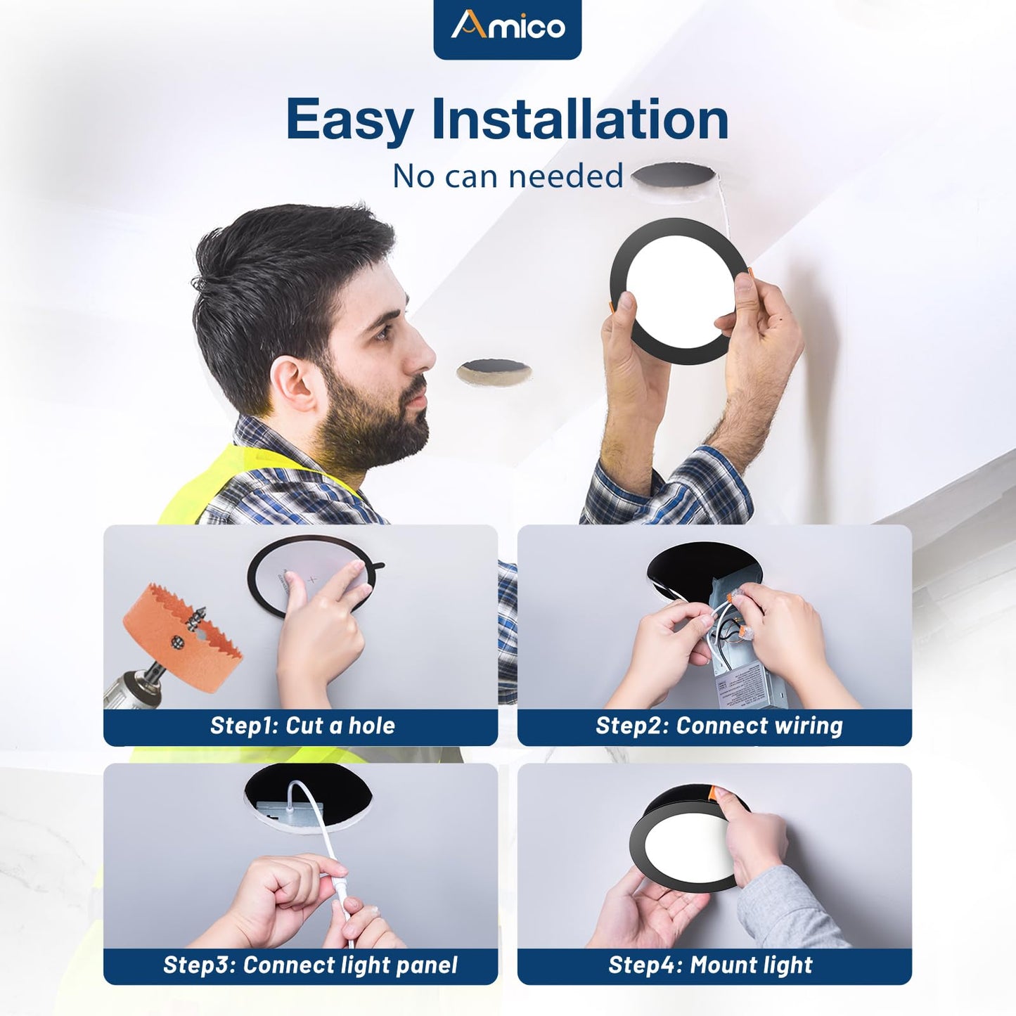 Amico 12 Pack 6 Inch 5CCT Ultra-Thin LED Recessed Ceiling Light with J-Box, 2700K/3000K/3500K/4000K/5000K Selectable, 12W Eqv 110W, Dimmable Canless Downlight, 1050LM High Brightness, Black - ETL