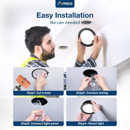Amico 12 Pack 6 Inch 5CCT Ultra-Thin LED Recessed Ceiling Light with J-Box, 2700K/3000K/3500K/4000K/5000K Selectable, 12W Eqv 110W, Dimmable Canless Downlight, 1050LM High Brightness, Black - ETL