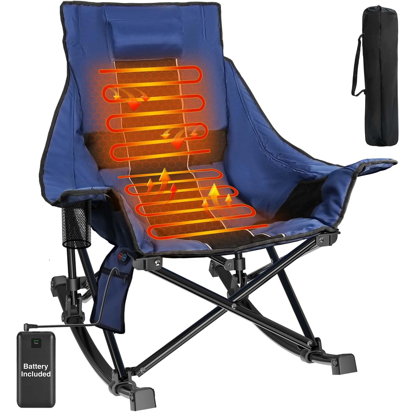Slendor Oversized Rocking Camping Chair, XL Heated Camping Chair w/ 3 Levels Heat for Back+Seat, Padded Rocking Lawn Chair with 20000 mAh Power Bank, Pillow, Side Pocket, Carry Bag, Navy Blue