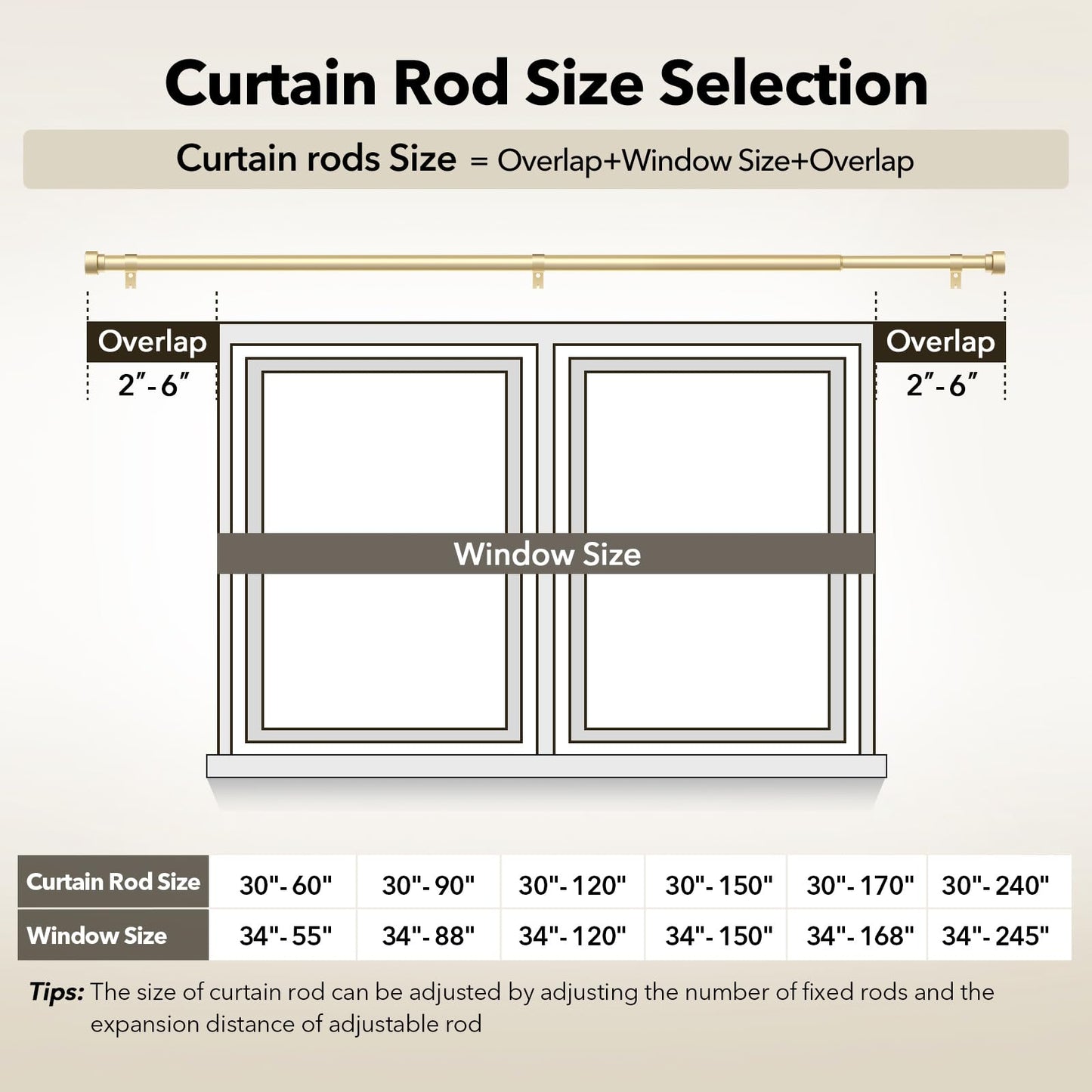 IFELS 2 Pack Heavy Duty Curtain Rods for Windows 28 to 48 Inch, 1 Inch Gold Adjustable Curtain Rod Set with Easy Installation and Modern Design (A1,Gold,30-60",2Pack)