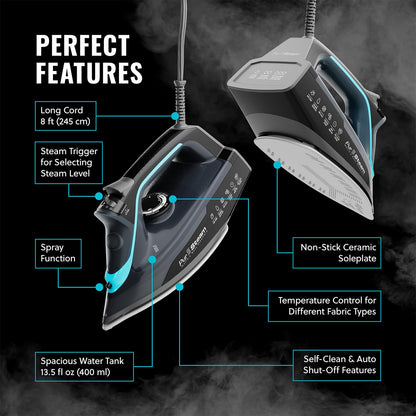 Pursteam SteamBurst+ 1750W Steam Iron, Ceramic Soleplate, Adjustable Steam, Burst of Steam, Self-Clean, Anti-Calc, Anti-Drip, Powerful & Long-Lasting Steam for All Fabrics