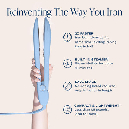 Nori Press Travel Steam Iron - Handheld Iron With Optional Steam Feature - No Ironing Board Required - Easy to Use w/ 6 Fabric Settings - Removes Wrinkles - Blue