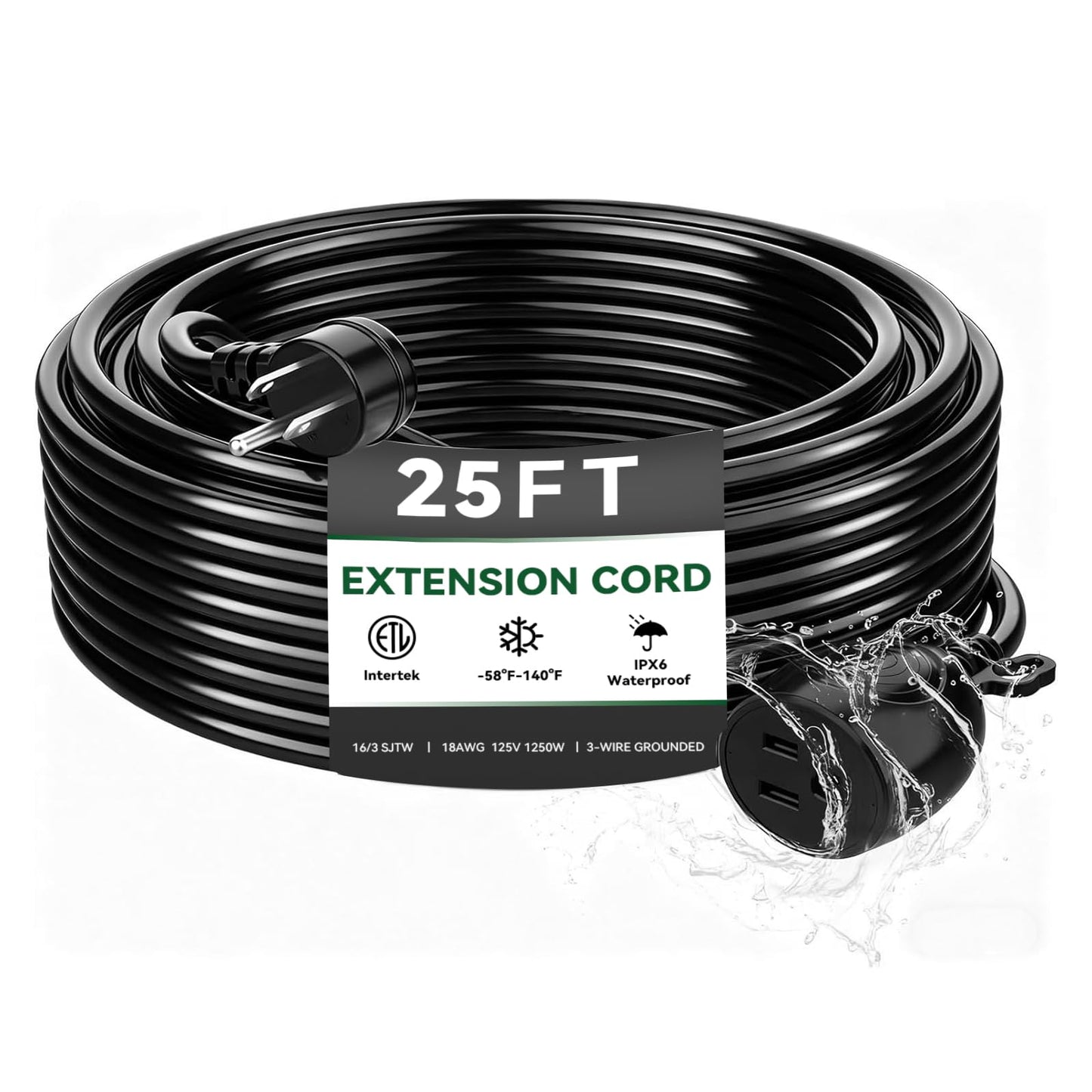Blackcow Outdoor Power Extension Cord,25 Ft,IPX6 Waterproof, Cold Weather & Fireproof, Heavy Duty 3 Prong Cable,18AWG 125V 10A,FCC/ETL Certified for Outdoor/Indoor Use