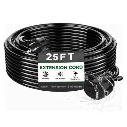 Blackcow Outdoor Power Extension Cord,25 Ft,IPX6 Waterproof, Cold Weather & Fireproof, Heavy Duty 3 Prong Cable,18AWG 125V 10A,FCC/ETL Certified for Outdoor/Indoor Use