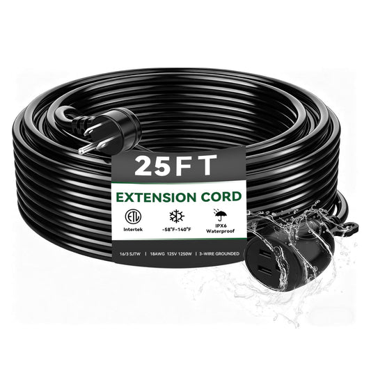 Blackcow Outdoor Power Extension Cord,25 Ft,IPX6 Waterproof, Cold Weather & Fireproof, Heavy Duty 3 Prong Cable,18AWG 125V 10A,FCC/ETL Certified for Outdoor/Indoor Use