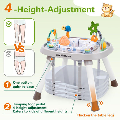Time Followers® 6-in-1 Baby Activity Center | Jumpers and Bouncers | 4 Stage Grow Stationary Standing Toddler Play Table | Shower Gift | Infant Essential for Baby Ages 6-36Month (Beige)