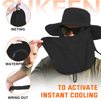 Sukeen Fishing Hat for Men Women, Wide Brim Outdoor UPF 50+ Sun Protection with Detachable Neck Flap and Face Mask (Black)