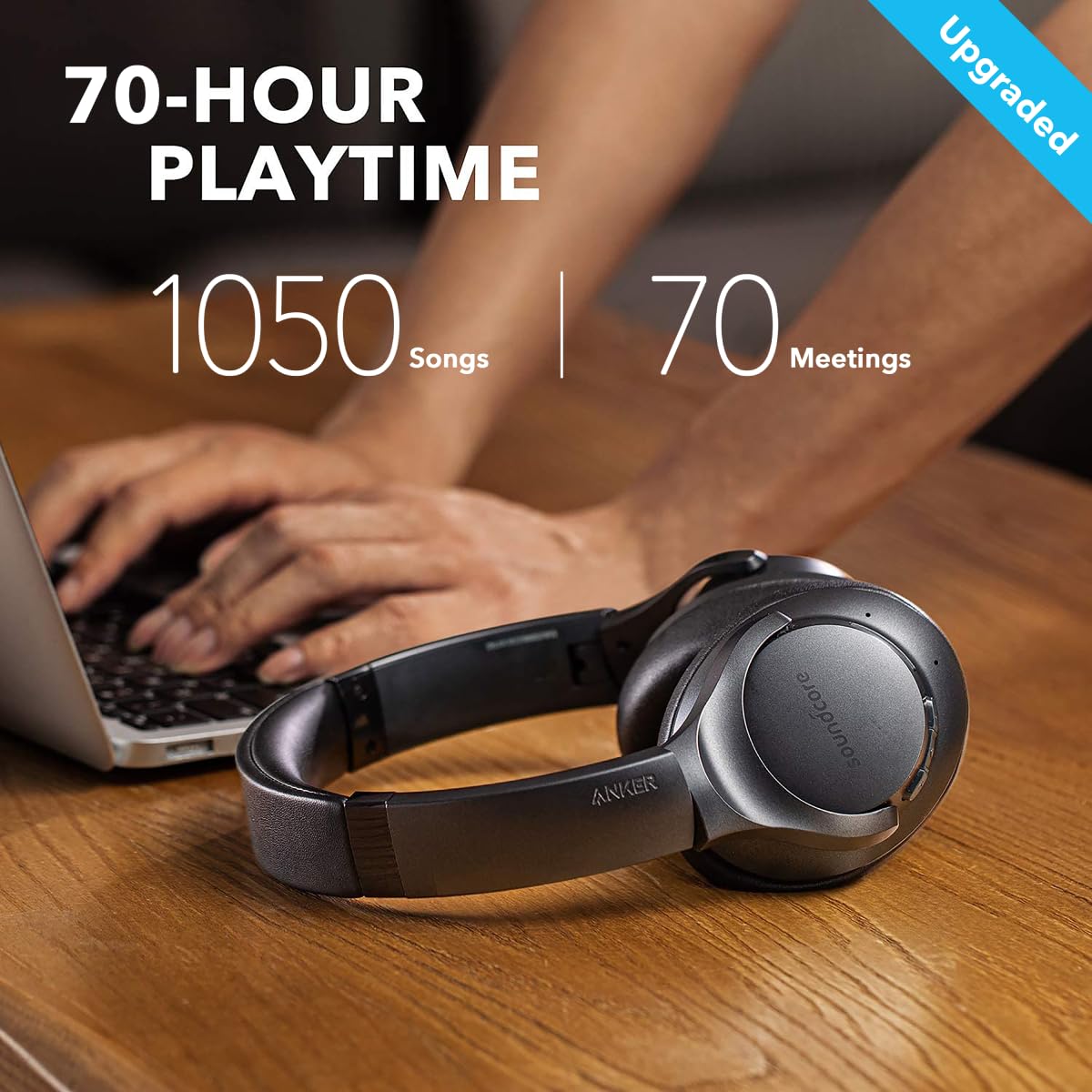 Soundcore Anker Life Q20 Hybrid Active Noise Cancelling Headphones, Wireless Over Ear Bluetooth Headphones, 70H Playtime, Hi-Res Audio, Deep Bass, Memory Foam Ear Cups, Travel, Office, USB-C Charging