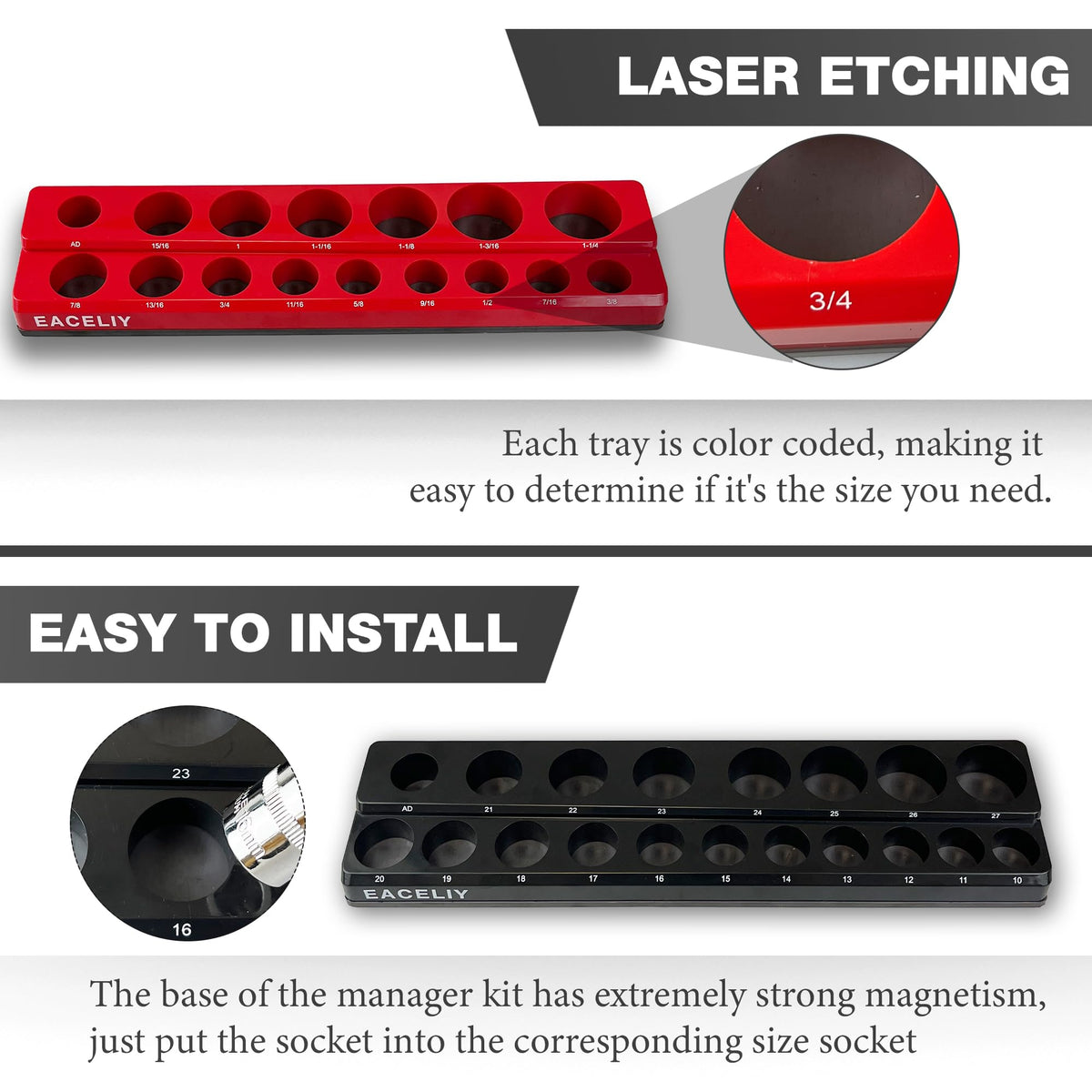 EACELIY 6Pcs Magnetic Socket Organizer Set, 1/2", 1/4" and 3/8" SAE & Metric Deep & Shallow Socket Holder Kit, Socket Trays，holds 143pcs Sockets (sockets not included)