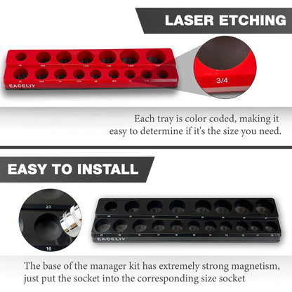 EACELIY 6Pcs Magnetic Socket Organizer Set, 1/2", 1/4" and 3/8" SAE & Metric Deep & Shallow Socket Holder Kit, Socket Trays，holds 143pcs Sockets (sockets not included)