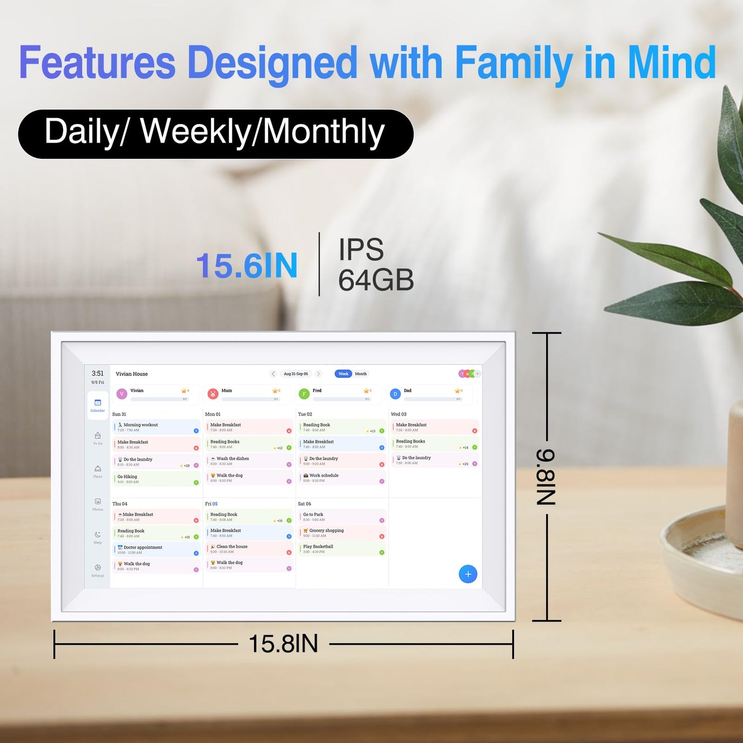 Digital Calendar 15.6 inch ECalendar Planner Wall Touch Screen, Electronic Calendars for Family Organizer, Smart Chore Chart Sync with Phone by App for Meal Planner, Photo Share Stand & Wall Mount