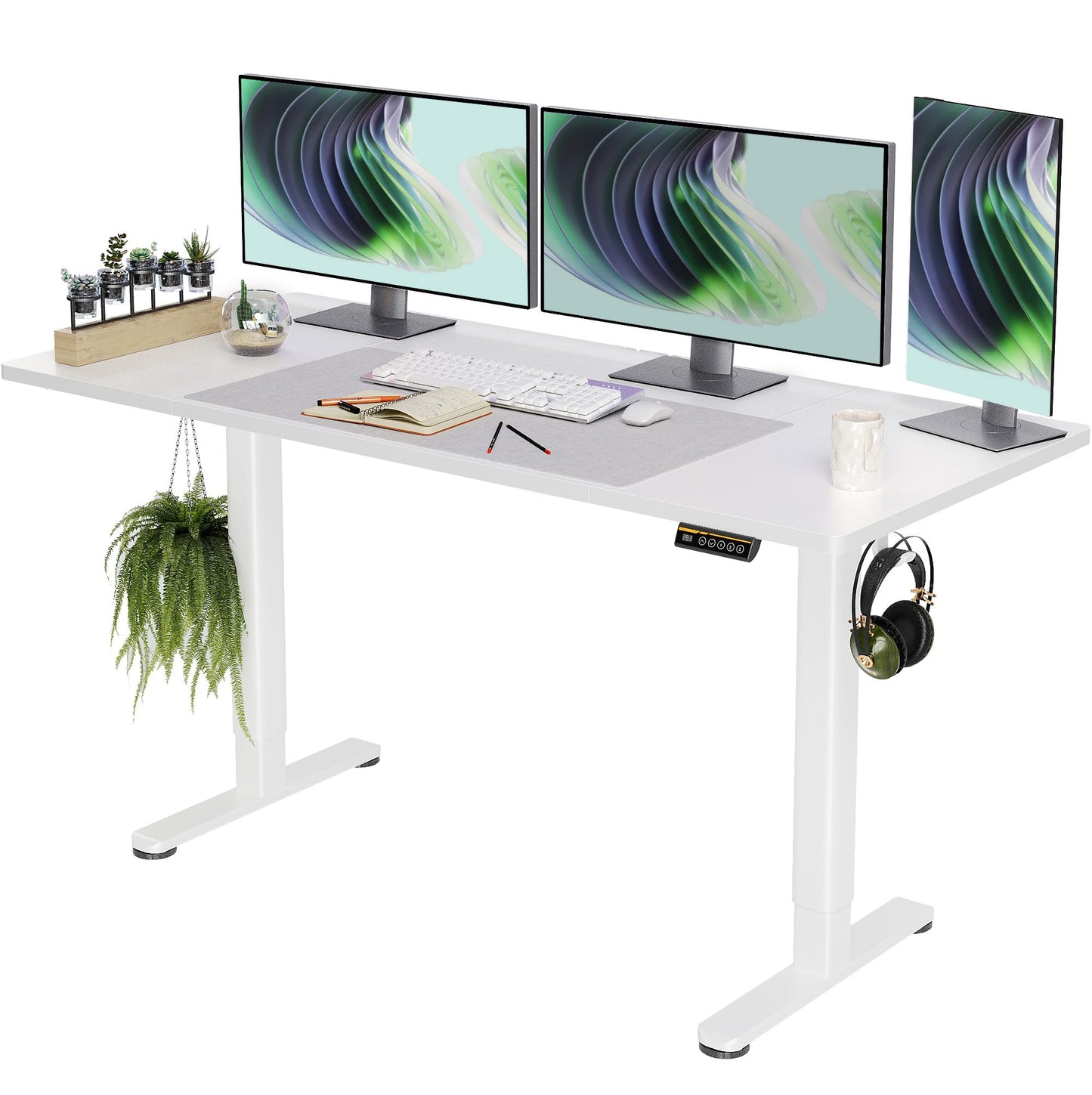 Claiks Electric Standing Desk, Adjustable Height Stand up Desk, 63x24 Inches Sit Stand Home Office Desk with Splice Board, White Frame/White Top