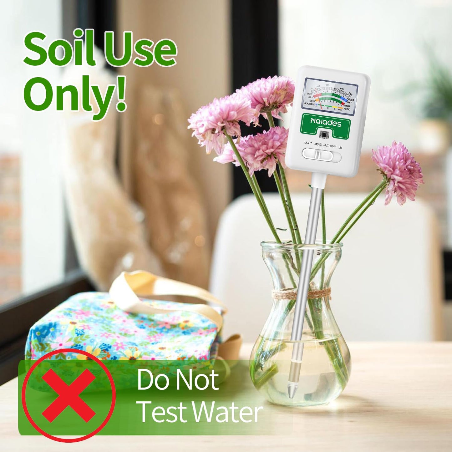 Soil Moisture Meter for Plants, 4-in-1 Soil pH Tester, Soil Tester for Moisture, Light, Nutrients, pH, Soil Ph Test Kit Water Meter for Indoor Plants & Outdoor Garden, Lawn, Farm (No Battery Required)