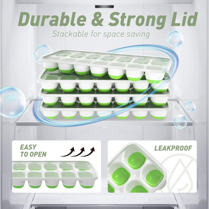 Ice Cube Tray with Lid, 2 Packs 28 Cubes Durable Stackable Ice Cube Trays for Freezer with Removable Lids, Easy-Release Plastic & Silicone Ice Tray for Cocktail, Coffee