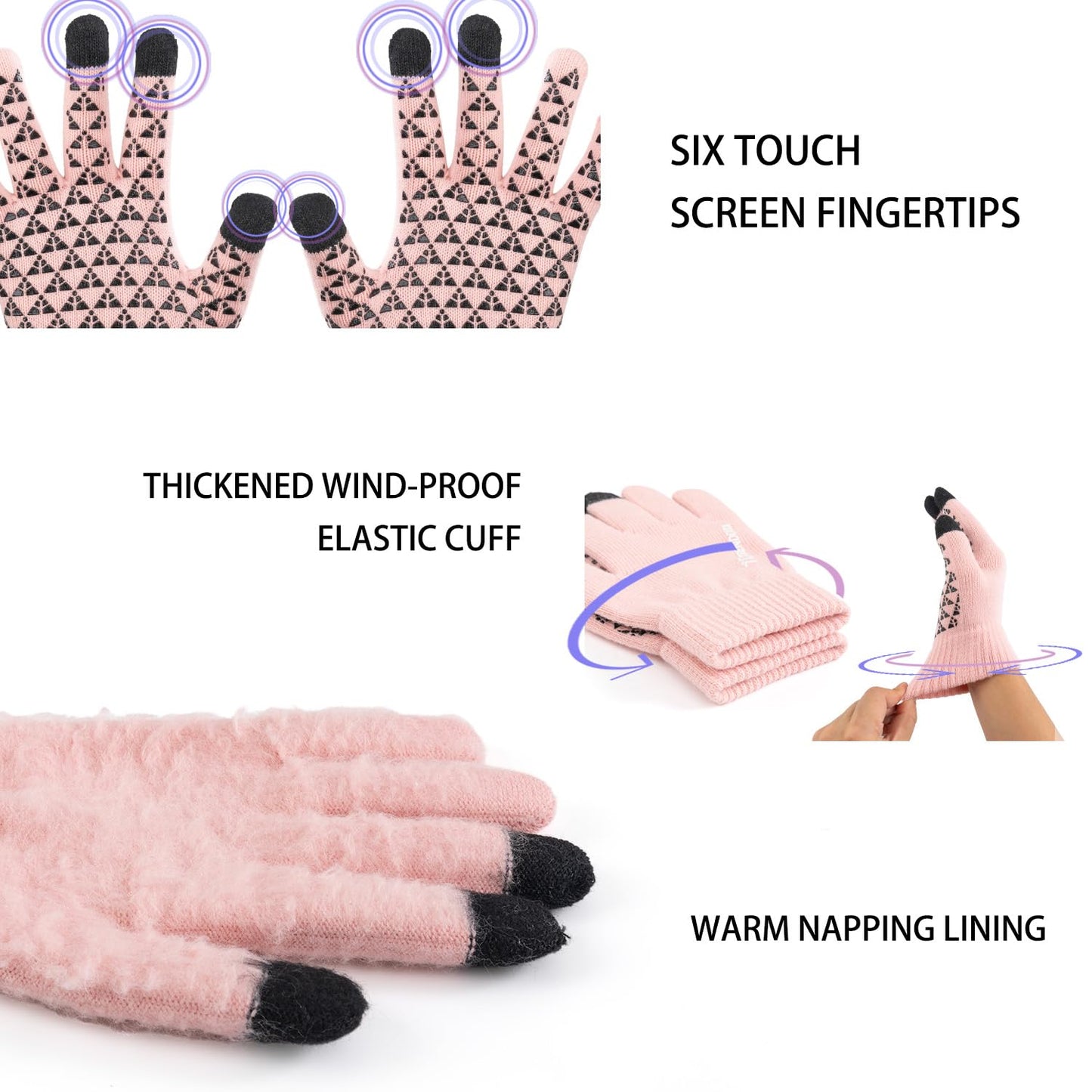 TRENDOUX Winter Gloves for Men Women - Upgraded Touch Screen Cold Weather Thermal Warm Knit Glove for Running Driving Hiking (Pink M)