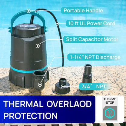 Aquastrong Sump Pump 1 HP 4500 GPH Submersible Water Pump Thermoplastic Portable Utility Pump High Flow Water Removal for Swimming Pool Garden Pond Basement Window Wells with 10ft Long Power Cord